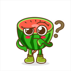 vector illustration character cartoon cute green watermelon confuse with question