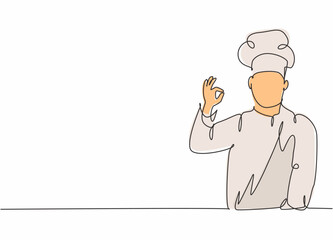 Single continuous line drawing of young excited handsome attractive male chef pose standing and giving okay gesture. Restaurant banner concept one line drawing design vector graphic illustration