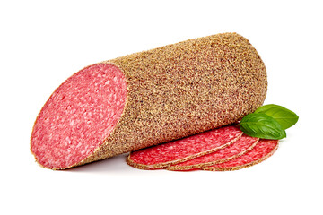 Traditional salami sausage with spices, isolated on white background.