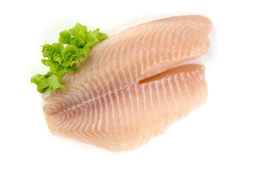 Tilapia fish fillet, isolated on white background.