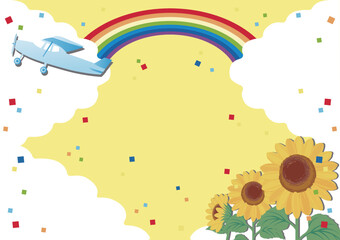飛行機と空とひまわりのフレーム　コピースペース　背景　イラスト素材