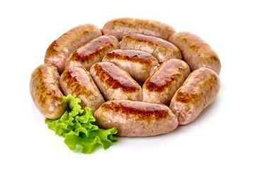 Grilled pork bangers, isolated on white background.