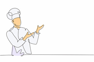Single continuous line drawing of young friendly man chef in uniform pose serving menu at screen display. Online food restaurant banner concept one line drawing design vector graphic illustration