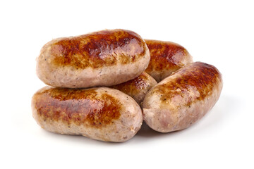 Grilled pork bangers, isolated on white background.