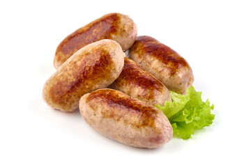 Grilled pork bangers, isolated on white background.