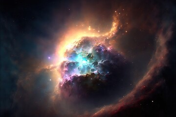 Obraz na płótnie Canvas Space nebula, colorful space phenomenon with stars, bursts of energy, neon. AI
