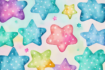 Background in watercolor. continuous design with colorful stars, hearts, and dots in it. Perfect for wallpaper, textiles, and fabrics. Generative AI