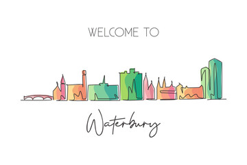 One single line drawing Waterbury city skyline, Connecticut. World historical town landscape. Best holiday destination postcard. Editable stroke trendy continuous line draw design vector illustration