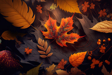 Autumn backdrop with close ups of autumn leaves in a forest. Generative AI