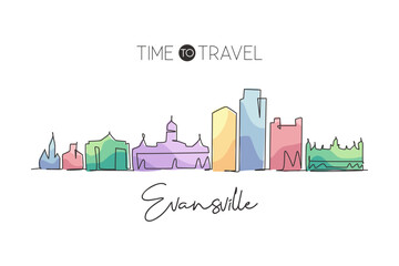 Obraz premium One continuous line drawing of Evansville city skyline, Indiana. Beautiful landmark. World landscape tourism travel home wall decor poster print. Stylish single line draw design vector illustration