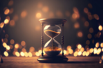 Background with an hourglass and Christmas new year's eve copy space bokeh. Generative AI