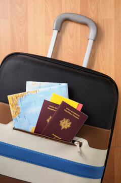 Luggage with Passports, Map and Tickets, Studio Shot