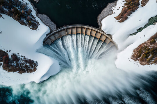 Aerial Top Down View Of The Spillway Of The Jindabyne Lake Power Hydro Dam On The Snowy River In Australia's Snowy Mountains. Generative AI