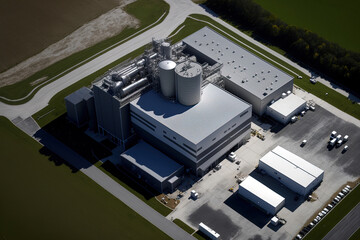 An aerial view of a contemporary manufacturing building used in the manufacture and distribution of industrial equipment is shown. Generative AI