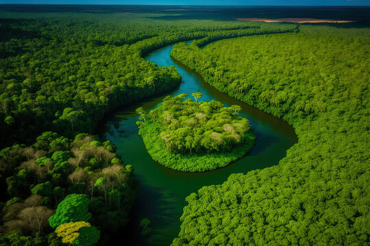 Aerial View of the Amazon Rainforest. South American country of Peru's tropical green jungle. aerial perspective. Generative AI