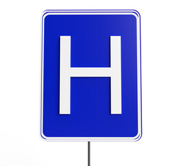 H font text road sign post calligraphy symbol blue sign hospital clinic laboratory health care treatment scientist research discovery emergency accident medical sick illness treatment crisis.3d render