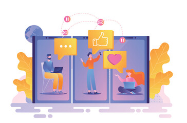 People and social networks. Friendly correspondence and communication on Internet. Modern technologies and digital world. Men and woman on smartphone screen. Cartoon flat vector illustration