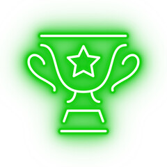 Neon green trophy, glowing winner cup icon on transparent background