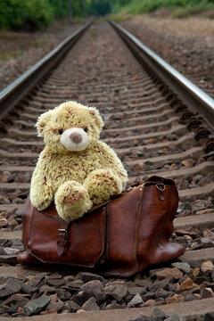 Teddy Bear and Suitcase on Train Tracks