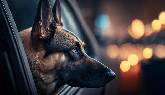 German Shepherd Dog Profile Portrait Getting Its Head Out Of Car Window At Night With Copyspace Area