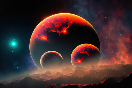 Alien Life in the Universe Habitable Earth Like Planet with Two Moons and Sun in Space Livable Exoplanet with Dual Moon Orbiting Red Dwarf System. Generative AI