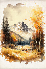 Watercolor Painting on Vintage Paper of Autumn Trees and Field In Alpine Rocky Mountains, Vitercial Giftcard Poster