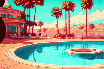 Fototapeta na wymiar An empty poolside with a hotel's outdoor pool, a parasol, an inflatable ring or ball in the water, and palm palms along the building's exterior. Resort scenery in an exotic setting Cartoon drawing