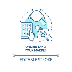 Understand your market blue concept icon. Get started with segmentation abstract idea thin line illustration. Isolated outline drawing. Editable stroke. Arial, Myriad Pro-Bold fonts used