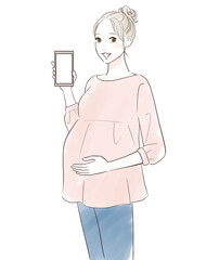 笑顔でスマホを見せる妊婦さん