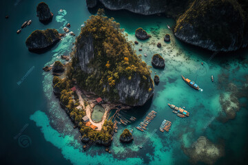 Aerial image of a rock island and floating fishing community in Southeast Asian Halong Bay. World Heritage Site by UNESCO. Ha Long Bay trip in a junk boat. a well known landmark and travel attraction - obrazy, fototapety, plakaty
