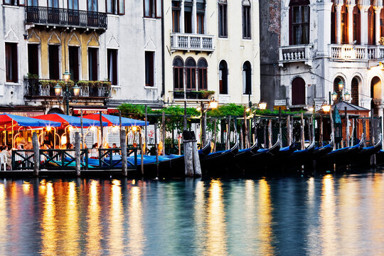 Gondolas Anchored on Grand Canal, Venice, Italy