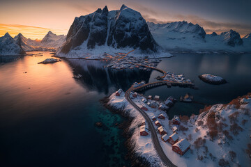Aerial image of a winter sunset showing a blue sea, snow capped mountains, rocks, a settlement, houses, a rorbu, a road, and a bridge. Hamnoy in the Norwegian Lofoten Islands. vistas in all directions - obrazy, fototapety, plakaty