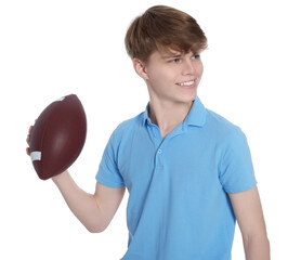 Teenage boy with american football ball on white background