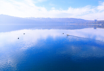 City lake in the morning . Blue water lake 