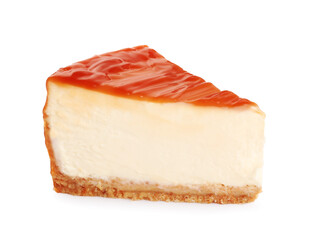 Piece of delicious cake with caramel isolated on white