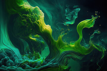 Fototapeta na wymiar Abstract green dancing acrylic paints underwater cosmic fog ocean backdrop with fluid art. Generative AI