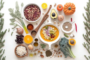 Fototapeta na wymiar Veggie and vegan cooking items for the winter. Over a white wooden backdrop, top view of a flat lay of produce, fruit, beans, grains, culinary utensils, dried flowers, and olive oil. eating healthy fo