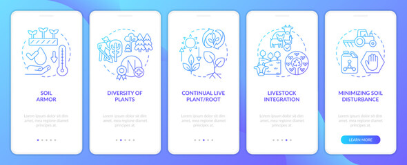 Principles of regenerative farming blue gradient onboarding mobile app screen. Walkthrough 5 steps graphic instructions with linear concepts. UI, UX, GUI template. Myriad Pro-Bold, Regular fonts used