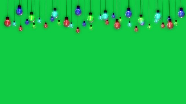 3d new year and string lights, colorful neon glowing and shiny color changing light bulbs on green background, Christmas and new year design element