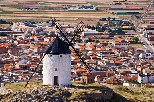 Windmill and Town, Consuegra, La Mancha, Spain