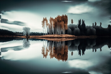 Vertical image of a lovely tranquil lake reflecting the trees and the gloomy sky. Generative AI