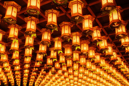 Lanterns, Hakkaku Manpuku Hall, Daisho-in Temple, Hatsukaichi, Hiroshima Prefecture, Chugoku Region, Honshu, Japan