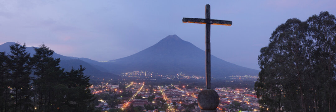 Cross and Volcan de Agua View From Cerro de la Cruz, Antigua, Sacatepequez Department, Guatemala
