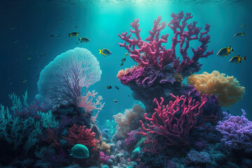 Underwater coral reef, coral lagoon at sea, ocean ecosystem. Generative AI