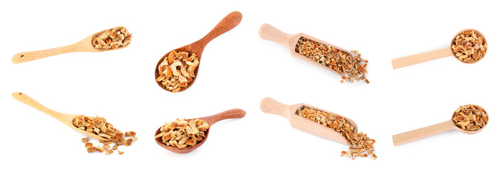 Collage with dried orange zest seasoning on white background, banner design