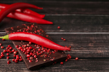 Delicious chocolate, fresh chili pepper and red peppercorns on wooden table, closeup. Space for text