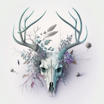 Deer Skull With Flowers, Isolated On White Generative AI