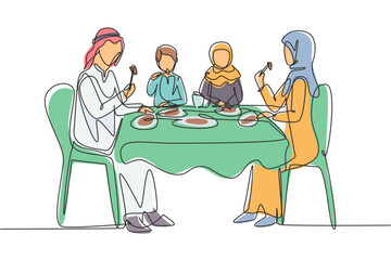 Continuous one line drawing Arabian family eating meal around kitchen table. Happy daddy, mom and two kids sitting eating healthy lunch in home. Single line draw design vector graphic illustration