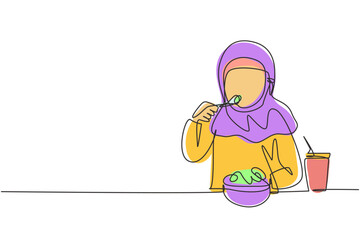 Continuous one line drawing Arabian girl having salad meal with fork around table. Happy and enjoy breakfast in morning. Delicious and healthy food. Single line draw design vector graphic illustration
