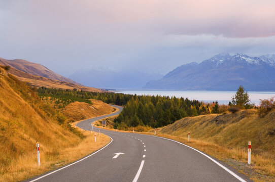 Road by Lake and Mountain, Lake Pukaki, Canterbury, South Island, New Zealand